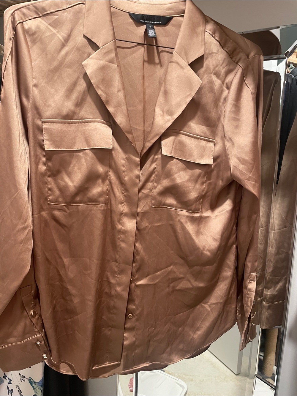 White House Black Market Satin Button-Up Blouse in Copper Brown